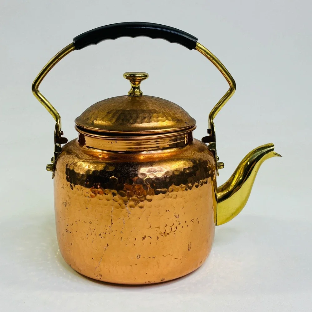 Hammered India Pure Copper Tea Kettle and 2 Moscow Mule Mugs Set Brass Handles